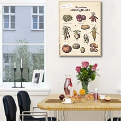«Ретро плакат огородника с разными овощами (2)» в интерьере кухни рядом с окном