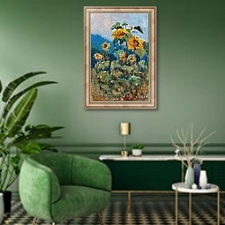 «Study of Sunflowers» в интерьере гостиной в зеленых тонах