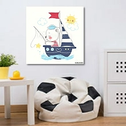«Симпатичный медвежонок-морячок на корабле » в интерьере детской комнаты для маленького футболиста
