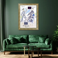 «Sketches and fabric swatches, from 'L'officiel de la couleur des industries de la mode'» в интерьере зеленой гостиной над диваном