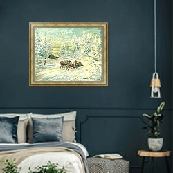 «Тройка в снегу» в интерьере классической спальни с темными стенами