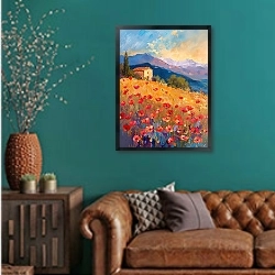 «Fields of passionate red» в интерьере гостиной с зеленой стеной над диваном