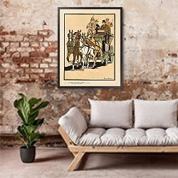 «Four men riding on top of a carriage being drawn by four horses» в интерьере гостиной в стиле лофт над диваном