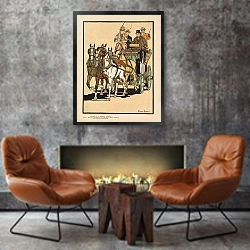 «Четверо мужчин едут верхом на карете, запряженной четверкой лошадей» в интерьере в стиле лофт с бетонной стеной над камином