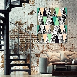 «Тропические птицы и растения 1» в интерьере двухярусной гостиной в стиле лофт с кирпичной стеной