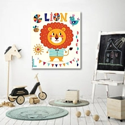 «Мультяшный лев» в интерьере детской комнаты для мальчика с самокатом