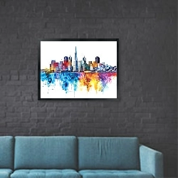 «San Francisco skyline» в интерьере в стиле лофт с черной кирпичной стеной