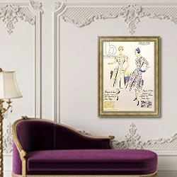 «Sketches and fabric swatches, from 'L'oficiel de la couleur des industries de la mode' 6» в интерьере в классическом стиле над банкеткой