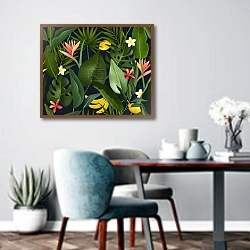 «Черные и зеленые листья с небольшими белыми цветами на светло-желтом фоне» в интерьере современной кухни над обеденным столом