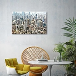 «Китай. Панорама Шанхая» в интерьере современной гостиной с желтым креслом