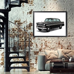 «Prince Skyline Deluxe (ALSID-1) '1957–59» в интерьере двухярусной гостиной в стиле лофт с кирпичной стеной