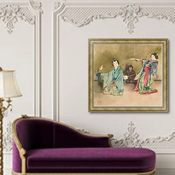 «Japonica illustration, with falconer and geisha» в интерьере в классическом стиле над банкеткой