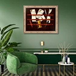 «Натюрморт писца» в интерьере гостиной в зеленых тонах