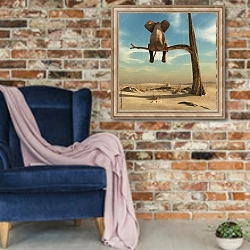 «Слон на ветке» в интерьере в стиле лофт с кирпичной стеной и синим креслом