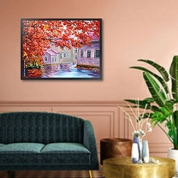 «Красочные осенние деревья на мокрой улице» в интерьере классической гостиной над диваном