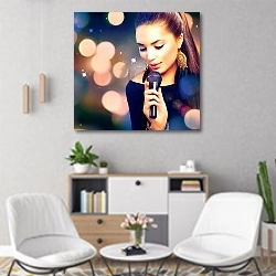 «Beautiful Singing Girl. Beauty Woman with Microphone» в интерьере офиса над шкафом с документами