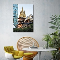 «Храм Джин Ган, Шанхай» в интерьере современной гостиной с желтым креслом