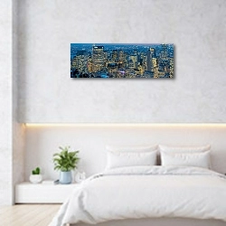 «Вид на ночной Манхэттен, Нью-Йорк» в интерьере современной минималистичной спальни