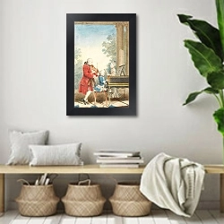 «Portrait de Wolfgang Amadeus Mozart jouant à Paris avec son père Jean-Georg-Léopold et sa sœur Maria-Anna» в интерьере комнаты в стиле ретро с плетеными корзинами