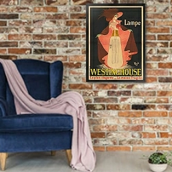 «Lampe Westinghouse, la plus élégante, la moins fragile» в интерьере в стиле лофт с кирпичной стеной и синим креслом