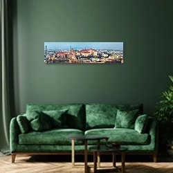 «Польша, Краков. Панорама Королевского замка» в интерьере стильной зеленой гостиной над диваном