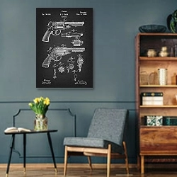 «Патент на револьвер, 1860г» в интерьере гостиной в стиле ретро в серых тонах