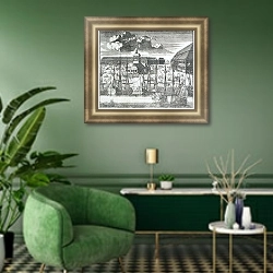 «Вид Троицкой площади на Городском острове 2» в интерьере гостиной в зеленых тонах