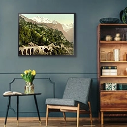 «Швейцария. Железная дорога в долине Венгернальп» в интерьере гостиной в стиле ретро в серых тонах