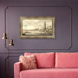 «The Thames Looking towards Westminster from near York Water Gate» в интерьере гостиной с розовым диваном