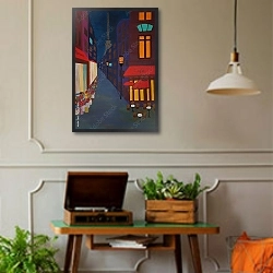 «Летнее кафе Парижа на ночной улице» в интерьере комнаты в стиле ретро с проигрывателем виниловых пластинок