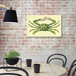 «Винтажная иллюстрация краба» в интерьере кухни в стиле лофт с кирпичной стеной