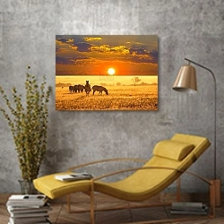 «Зебры в саванне на закате» в интерьере в стиле лофт с желтым креслом