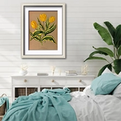 «Одиночный ранний тюльпан Yellow Prince с пестрой листвой» в интерьере спальни в стиле прованс с голубыми деталями