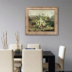«Букет цветов на фоне горного пейзажа» в интерьере современной кухни над столом