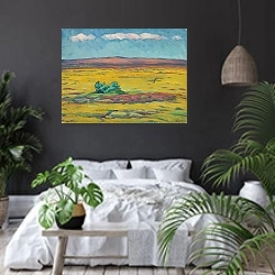 «Засушливая пустошь» в интерьере современной спальни с черными стенами