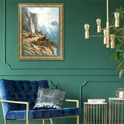 «Серна высоко в горах» в интерьере в классическом стиле с зеленой стеной