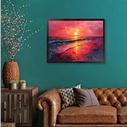 «Maroon sunset» в интерьере гостиной с зеленой стеной над диваном