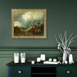 «Путешественники проезжают мимо разрушенного замка на фоне грозового пейзажа» в интерьере прихожей в зеленых тонах над комодом