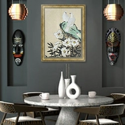 «Два белых голубя и белые лилии» в интерьере в этническом стиле над столом