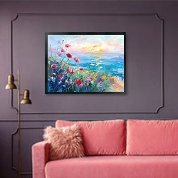 «Dawn’s gentle touch on seaside blooms» в интерьере гостиной с розовым диваном