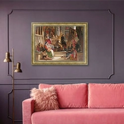 «Murillo Painting the Virgin in the Franciscan Convent at Seville» в интерьере гостиной с розовым диваном