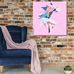 «Абстрактная декоративная геометрическая композиция 4» в интерьере в стиле лофт с кирпичной стеной и синим креслом
