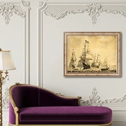 «Dutch war ships at sea» в интерьере в классическом стиле над банкеткой