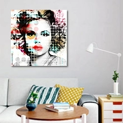 «Портрет красивой девушки в стиле современного искусства» в интерьере гостиной в стиле поп-арт с яркими деталями