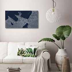«План города Таллин, Эстония, в синем цвете» в интерьере светлой гостиной в скандинавском стиле над диваном