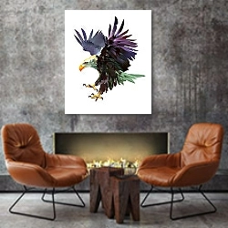 «Белоголовый орел с яркими перьями» в интерьере в стиле лофт с бетонной стеной над камином