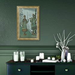 «Snegurochka and Lel, costume design for Rimsky-Korsakov's opera 'Snegurochka', 1921» в интерьере прихожей в зеленых тонах над комодом