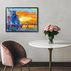 «Городской пейзаж с небоскребами напротив заката» в интерьере в классическом стиле над креслом