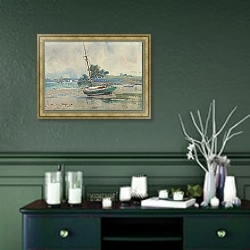 «Seascape with boat» в интерьере прихожей в зеленых тонах над комодом