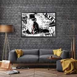 «Современная девушка на фоне из надписей» в интерьере в стиле лофт над диваном
